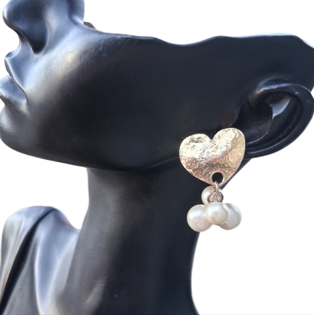 Vintage Hammered Gold Heart & Pearl Cluster Drop Earrings